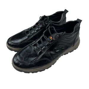 HTF Black Leather Lace-Up Casual Sneakers Shoes